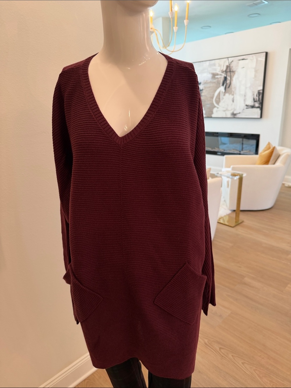 V-Neck Longline Sweater Dress in Deep Burgundy